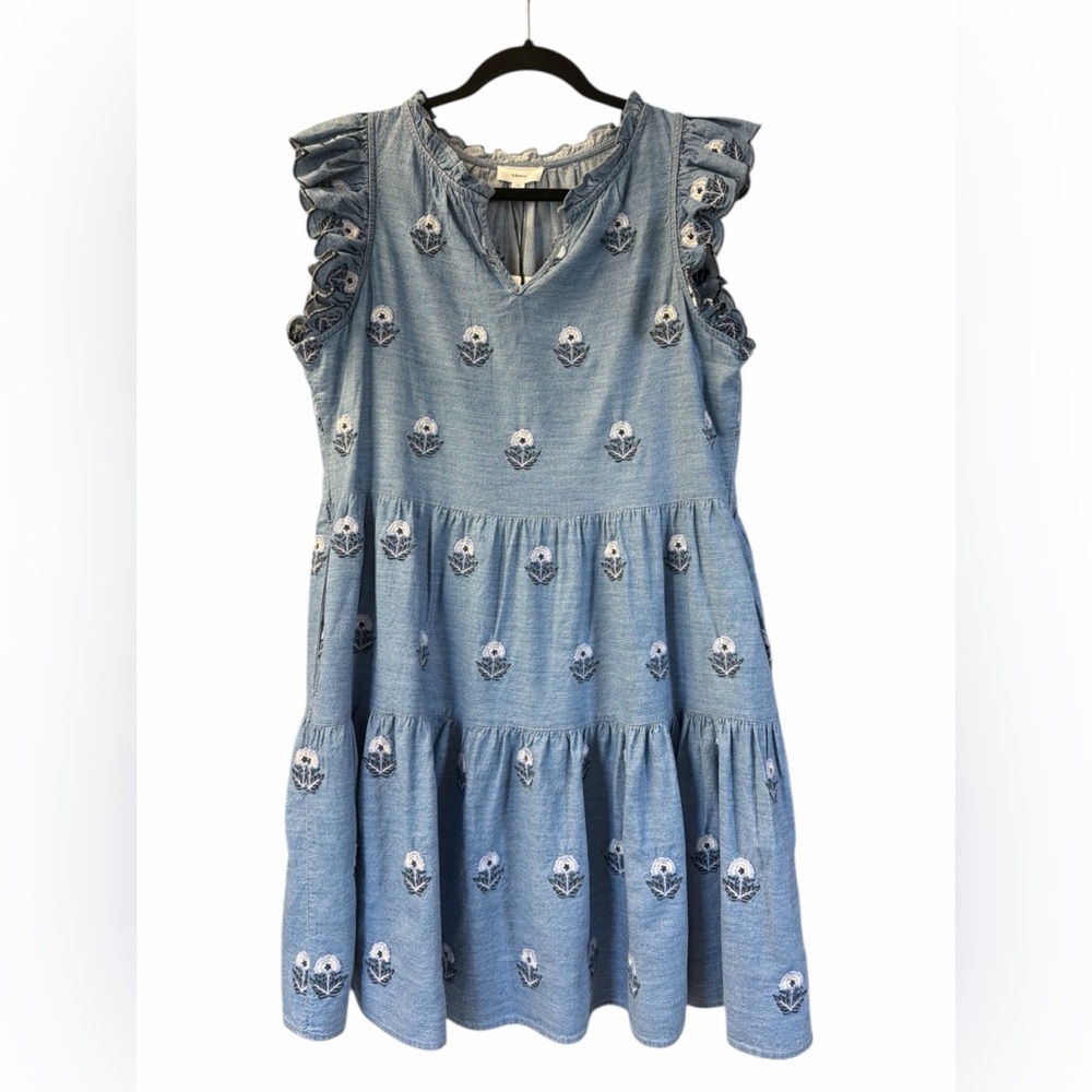 A Loves A Chambray Embroidered Ruffle Tiered Dress with Pockets | Size M | NWT - Picture 3 of 11